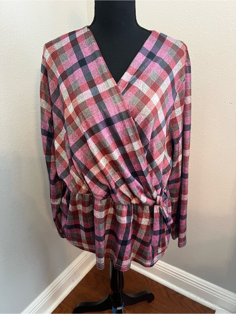 Lane Bryant Pink and Black Plaid Faux Wrap Tie Blouse Size 18/20